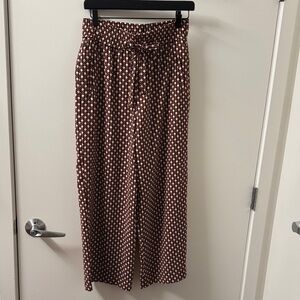 Zara Patterned Wide-Leg Tie-Waist Pants - Burgundy & Cream